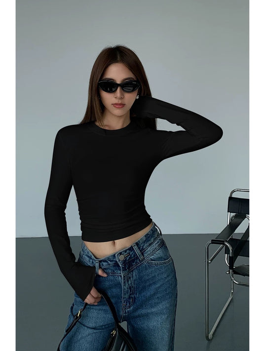 NEVA HU black long-sleeved tight T-shirt bottoming shirt for women Korean style niche slimming short top