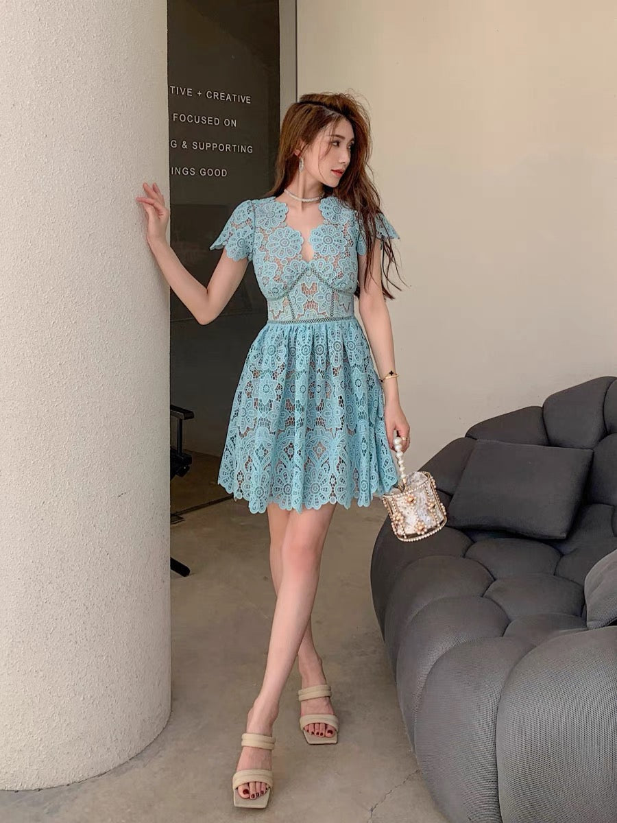 New women's French retro palace style sexy V-neck hollow lace waist slimming short-sleeved dress short skirt (D163)