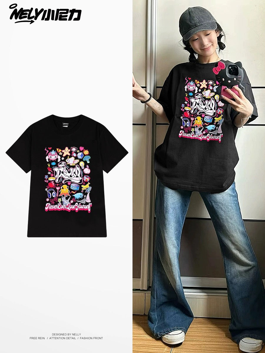 Nely Xiao Nili National Trend Summer Couples All-match Fun Colorful Graffiti Trendy Brand Short-sleeved T-shirt Top Clothes Men and Women