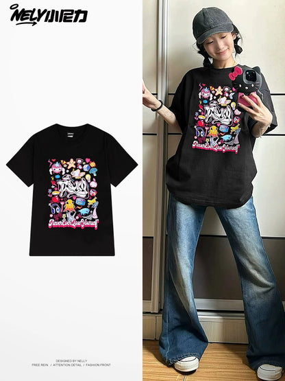 Nely Xiao Nili National Trend Summer Couples All-match Fun Colorful Graffiti Trendy Brand Short-sleeved T-shirt Top Clothes Men and Women
