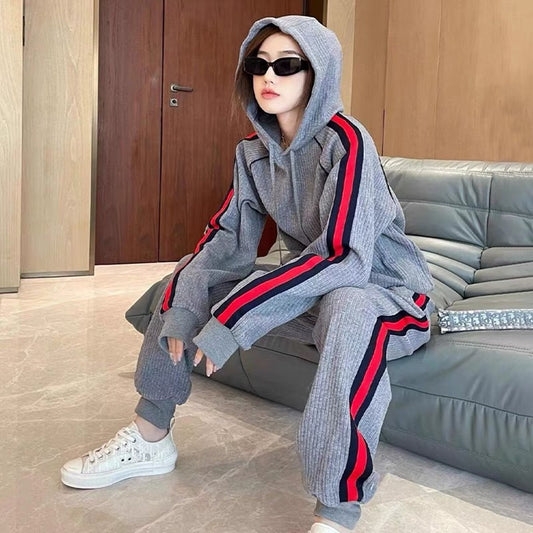 Gray casual sports striped suit for women spring 2023 new fashionable style hooded sweatshirt and sweatpants two-piece set