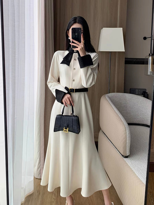 Guogejia beige dress for women 2023 autumn new French tea break waist slimming gentle style long skirt