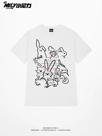 Nely American retro rabbit cat print cotton short-sleeved T-shirt men and women trendy loose tops ins