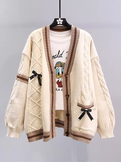 Japanese bow sweater jacket for women autumn and winter 2023 new loose and lazy style design age-reducing knitted cardigan