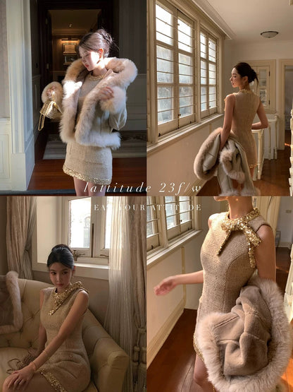 LATTITUDE/Yang Xiaolu sparkling gold dress tweed trimmed straight woolen dress