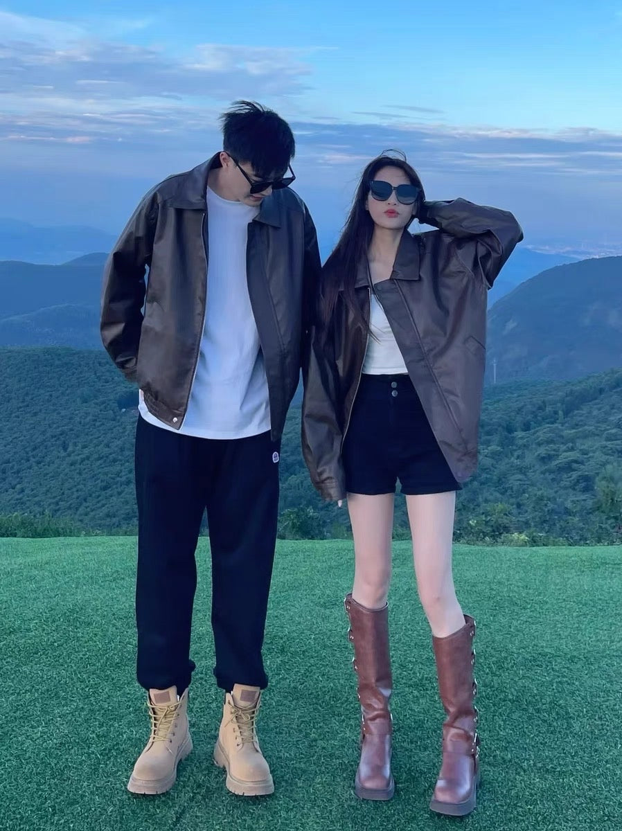 Couple outfit American retro brown leather jacket men's spring and autumn 2023 new Hong Kong style high-quality PU leather jacket