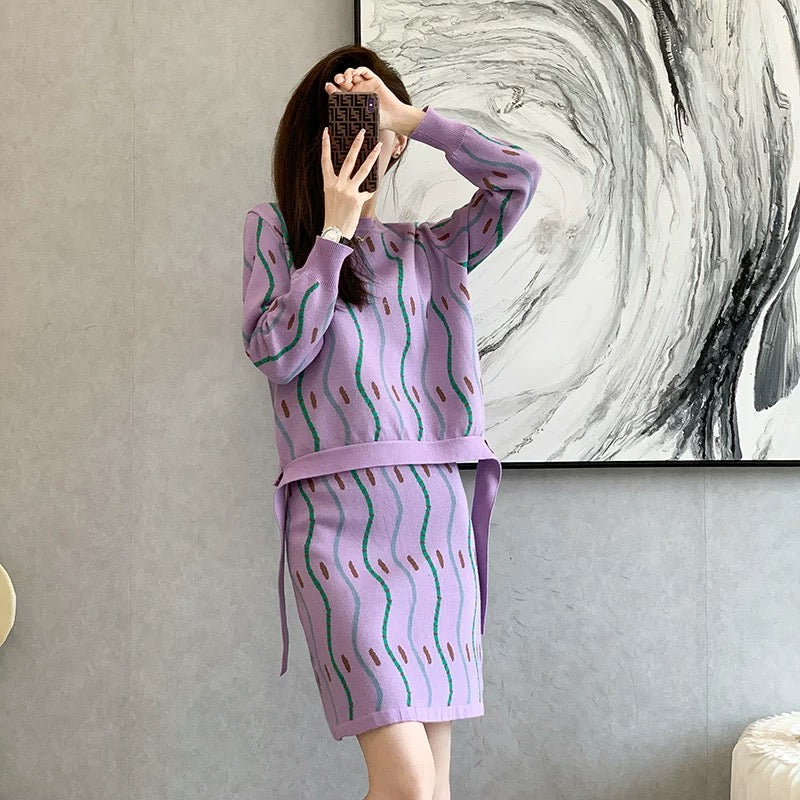 2023 autumn and winter new style small fragrance two-piece chic printed striped long-sleeved knitted sweater suit skirt women's trendy