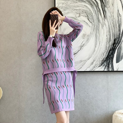2023 autumn and winter new style small fragrance two-piece chic printed striped long-sleeved knitted sweater suit skirt women's trendy