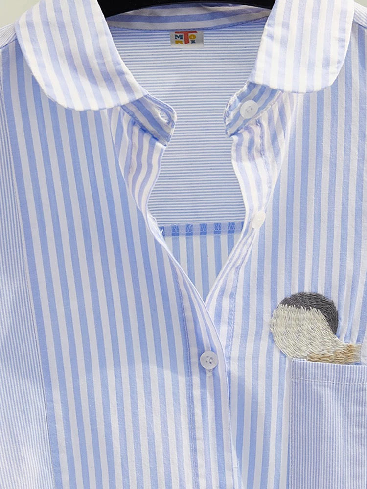 Childlike squirrel embroidered cotton shirt for women 2024 spring and summer new long-sleeved loose striped stitching casual shirt trend
