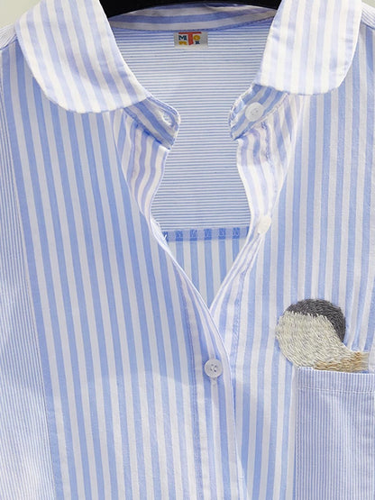 Childlike squirrel embroidered cotton shirt for women 2024 spring and summer new long-sleeved loose striped stitching casual shirt trend