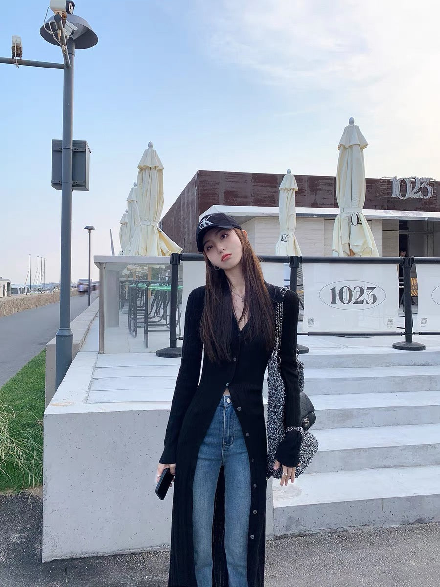 MULVAN Black V-neck Mid-Length Knitted Cardigan Women's 2023 Autumn Slim Fit Lapel Over-the-Knee Jacket (S0550)