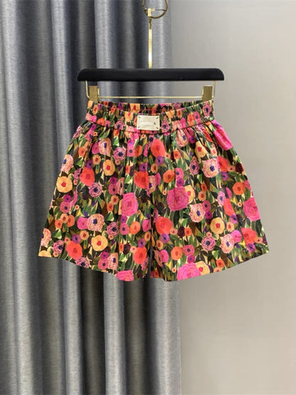 Small fresh floral wide-leg shorts for women 2023 summer new style printed age-reducing elastic waist a-line slimming hot pants