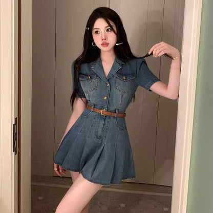 French niche retro hot girl suit collar denim dress female summer sexy waist short-sleeved pleated skirt small man