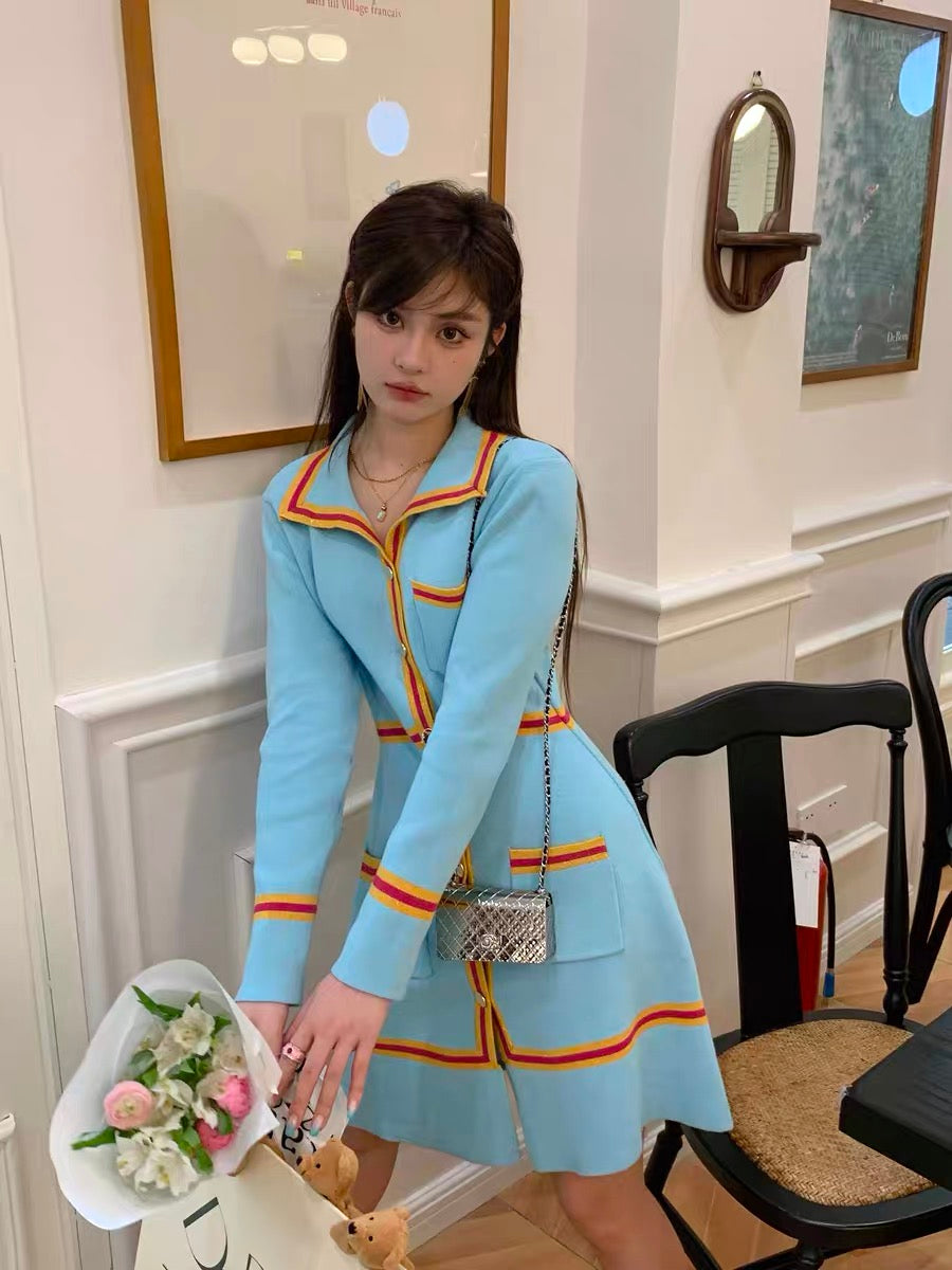 LIN CHAO ZHANG [Barcelona Cupid Dress] Autumn Contrast Color Gold Knitted Embroidered Dress for Women (S2223)