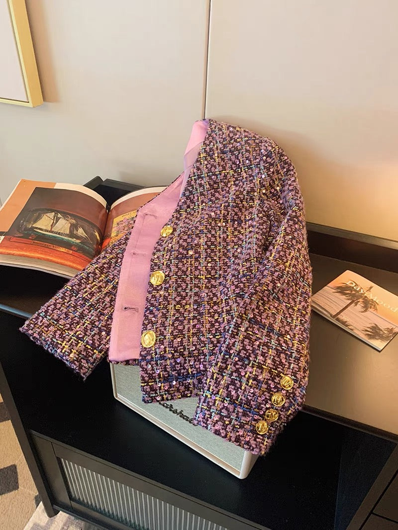 Xiaoxiangfeng purple heavy industry sequined V-neck jacket women's autumn and winter 2023 new high-end lady style temperament top