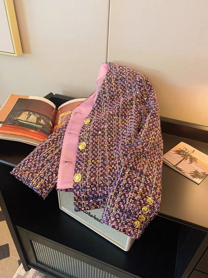 Xiaoxiangfeng purple heavy industry sequined V-neck jacket women's autumn and winter 2023 new high-end lady style temperament top