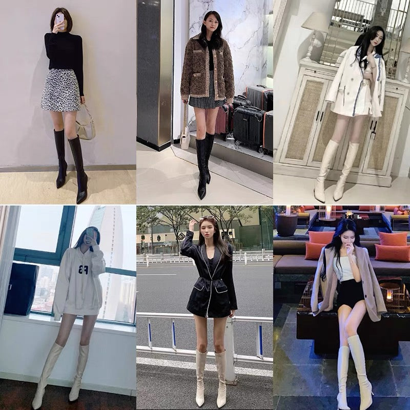 But knee-high boots, women's stretch boots, pointed toe, sexy stewardess boots, plus velvet boots, super high heels, winter stiletto heels