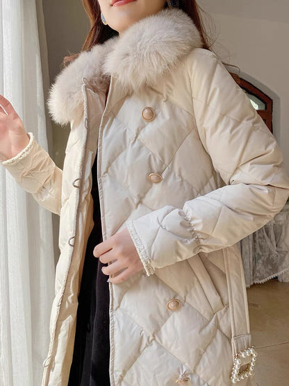 Nori Gentle Wind Waist Down Down Coat Women's Mid-Length French Retro Real Fox Fur Collar Small Fragrant Style Down Coat