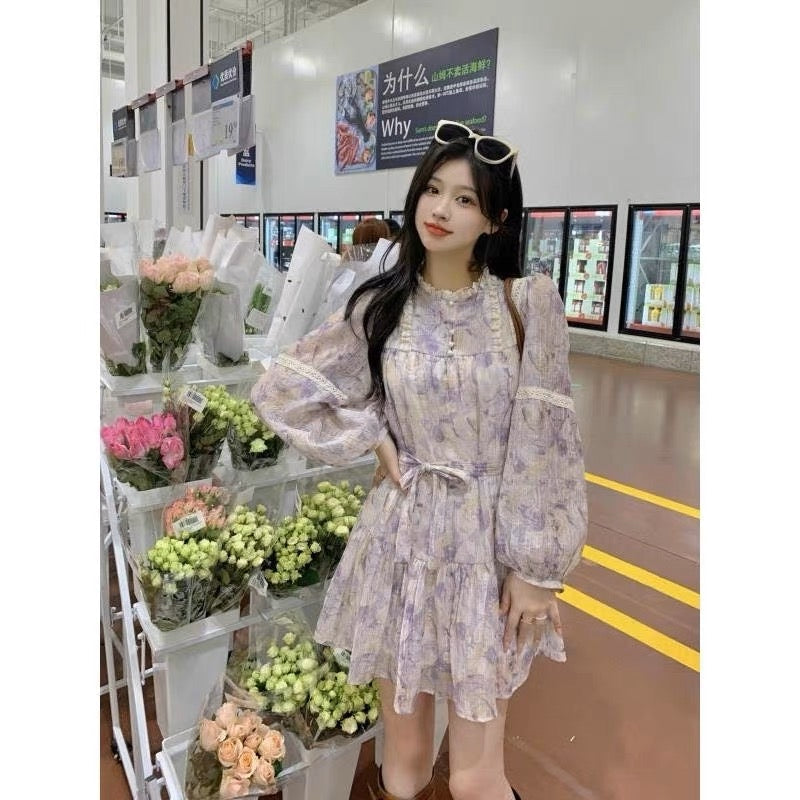 French retro lace stitching long-sleeved floral skirt dress women's summer 2023 new temperament a-line short skirt