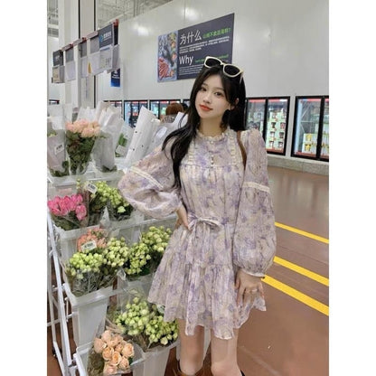 French retro lace stitching long-sleeved floral skirt dress women's summer 2023 new temperament a-line short skirt
