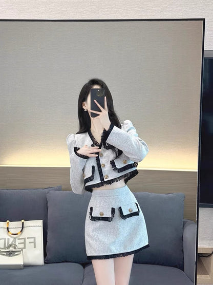Xiaoxiangfeng Suit 2023 Autumn New High-end Small French Style Socialite A-Line Skirt Two-piece Set for Women (S4449)