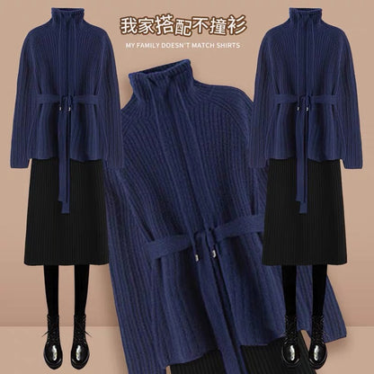 High-end thickened turtleneck lace-up sweater for women 2023 autumn and winter new high-waist hip-covering knitted skirt two-piece set (S0344)