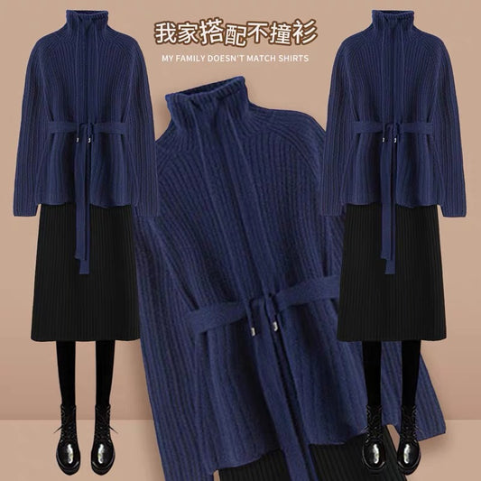 High-end thickened turtleneck lace-up sweater for women 2023 autumn and winter new high-waist hip-covering knitted skirt two-piece set (S0344)