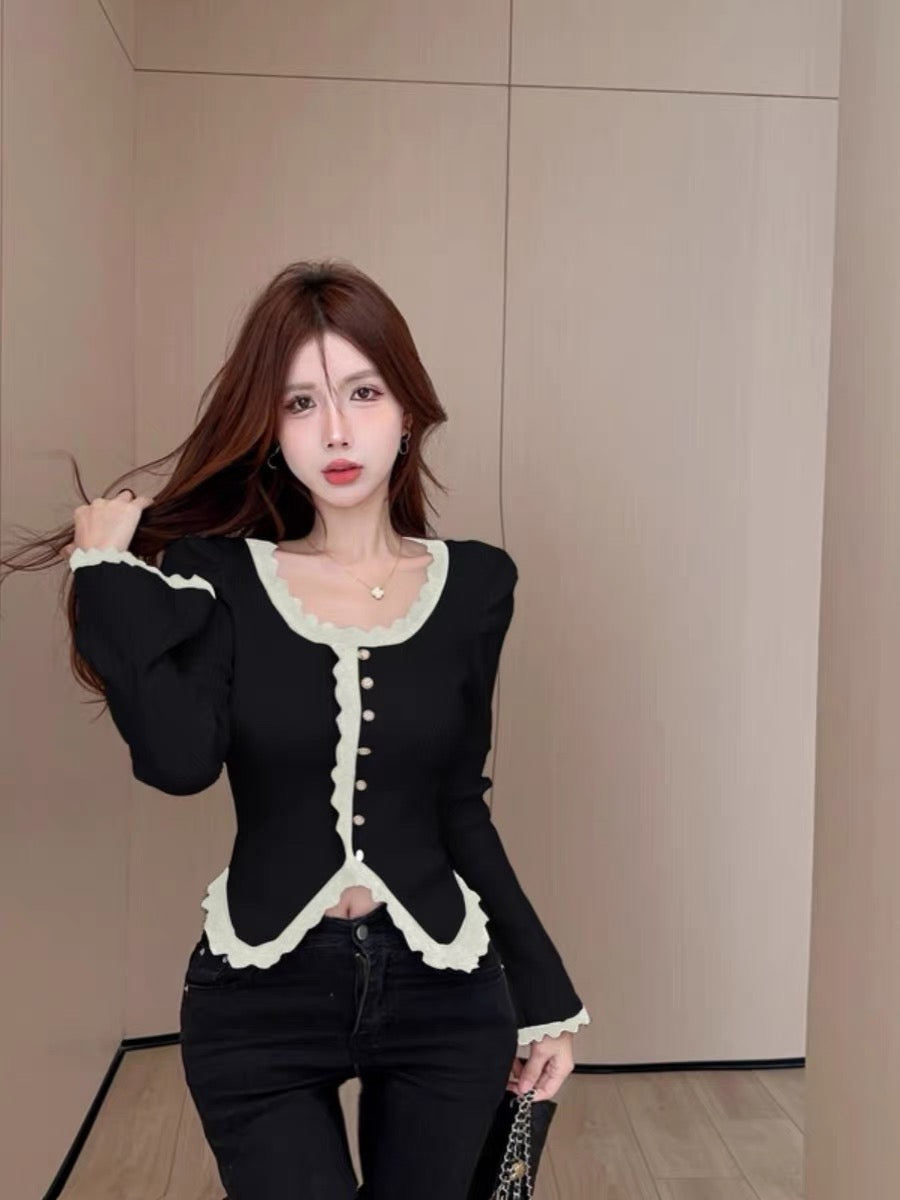 Xiaoxiangfeng puff sleeve knitted cardigan women's autumn and winter trumpet sleeve short top design niche bottoming shirt jacket