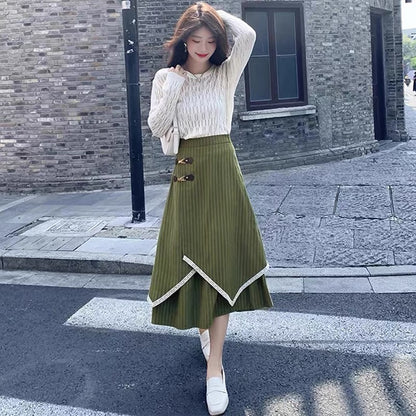 Autumn and winter striped skirt for women 2023 new style irregular high-waist slim umbrella skirt mid-length a-line hip-hugging long skirt