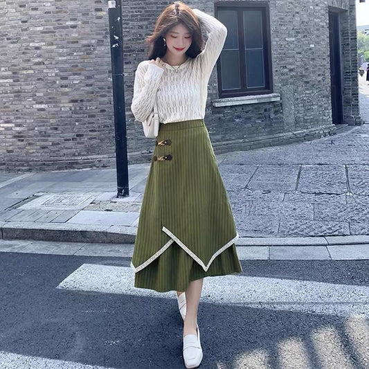 Autumn and winter striped skirt for women 2023 new style irregular high-waist slim umbrella skirt mid-length a-line hip-hugging long skirt