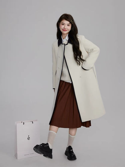 Volstagg white woolen coat for women autumn and winter Korean waist style high-end mid-length woolen coat