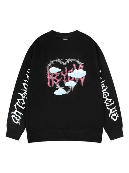 Love letter printed heavyweight sweatshirt autumn and winter trendy brand plus velvet round neck American retro youth jacket for men and women