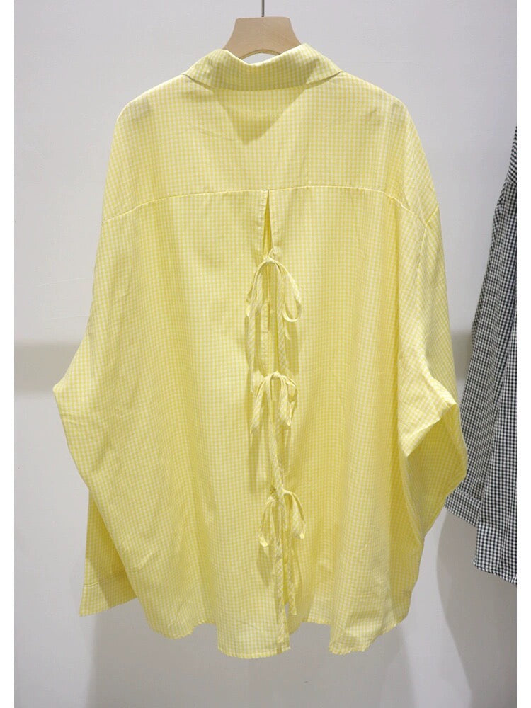 Back hollow bow tie design 2024 summer loose medium and long fine plaid thin long-sleeved shirt for women