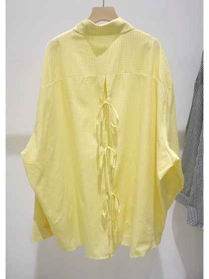 Back hollow bow tie design 2024 summer loose medium and long fine plaid thin long-sleeved shirt for women