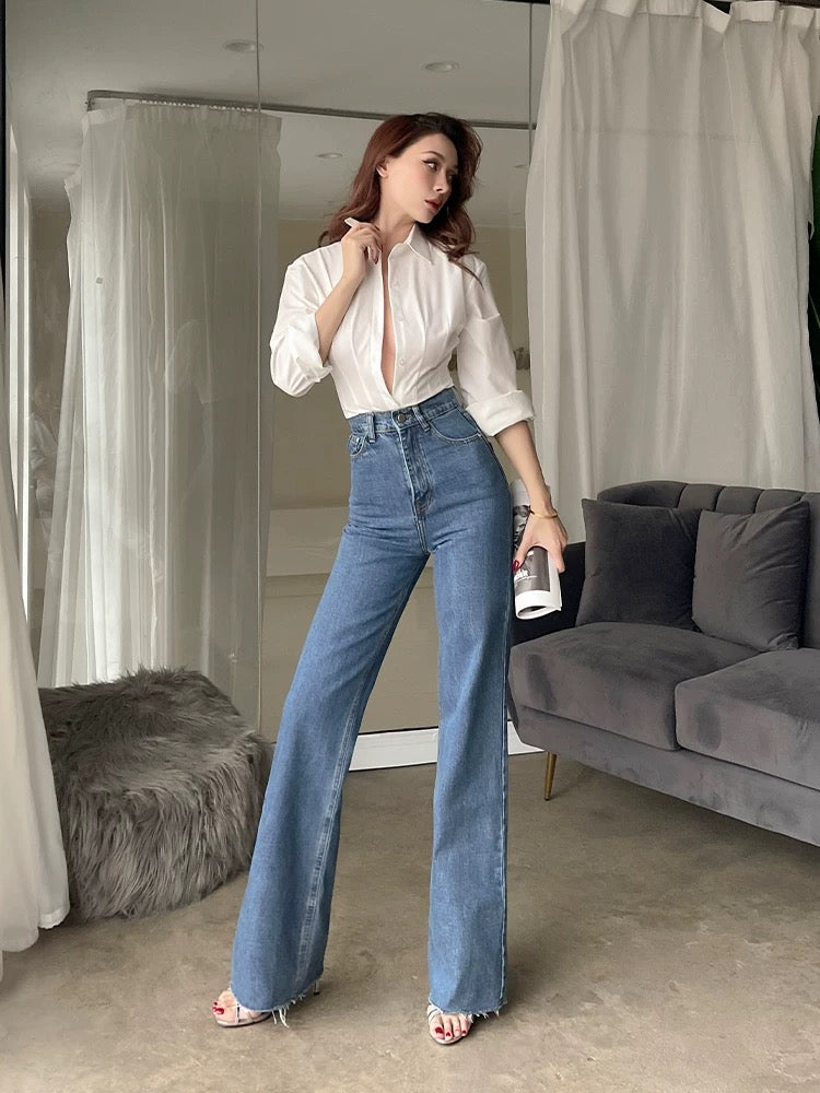 Versatile high-waisted jeans for women, retro raw edge, distressed, slimming wide-leg pants, flesh-covering trousers, floor-length pants, 2 colors