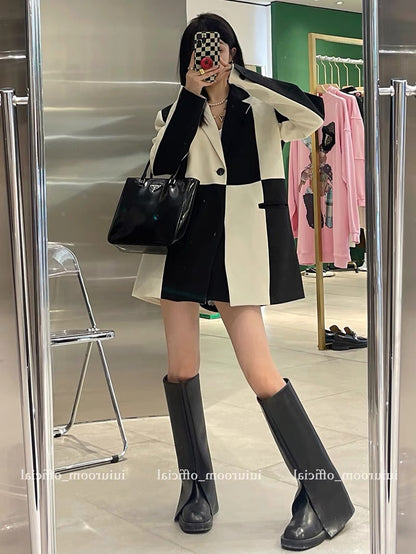 Spring and Autumn New Women's Clothing Hong Kong Style Retro Splicing Contrast Color Suit Jacket Women's Korean Loose Mid-Length Suit Top