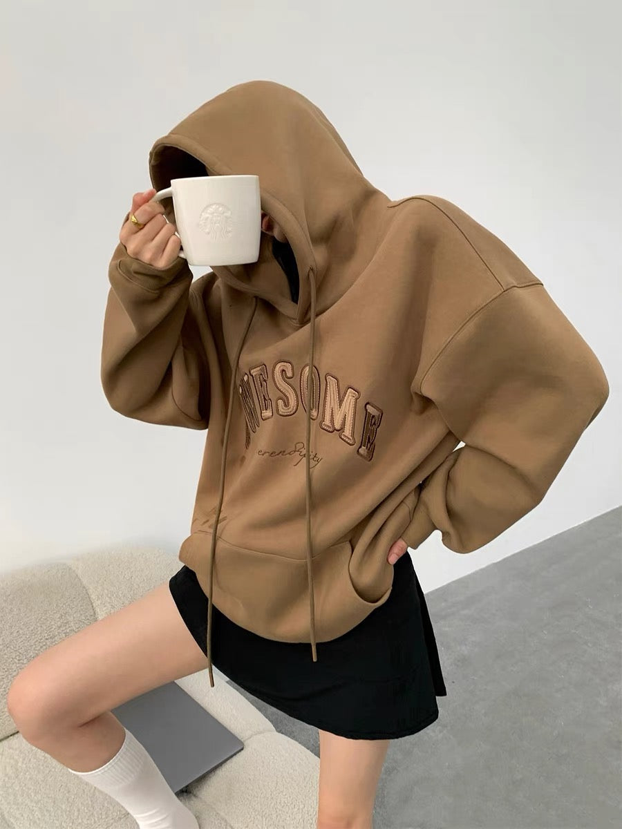 Zhou Miao ZHOUMIAO320G terry material embroidered letters hooded sweatshirt women's loose off-shoulder long-sleeved pullover top (T0926)