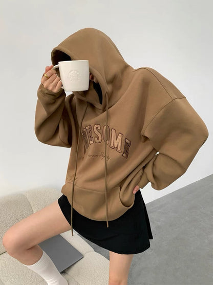 Zhou Miao ZHOUMIAO320G terry material embroidered letters hooded sweatshirt women's loose off-shoulder long-sleeved pullover top (T0926)