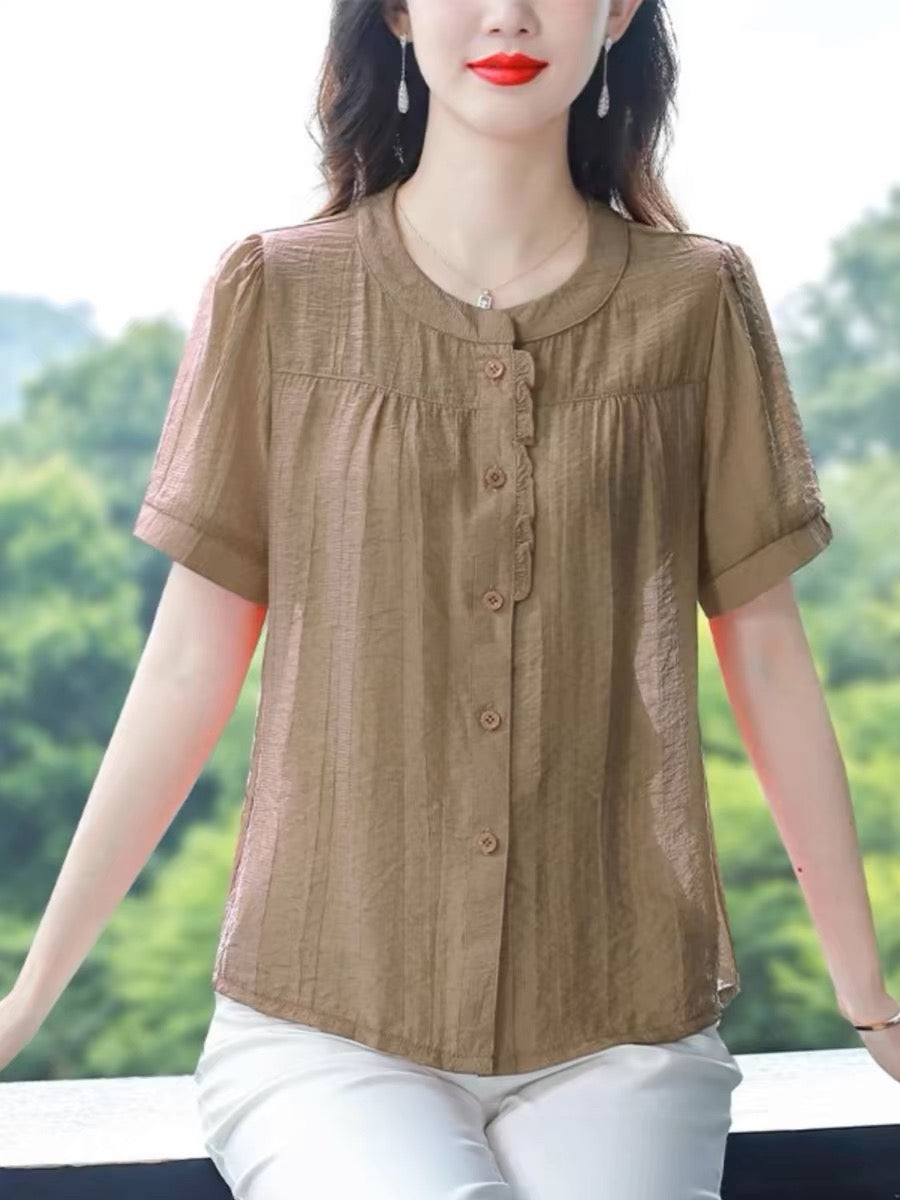 Cotton and linen shirts for women summer 2024 new style for mothers loose and slim short-sleeved tops small shirts large size shirts