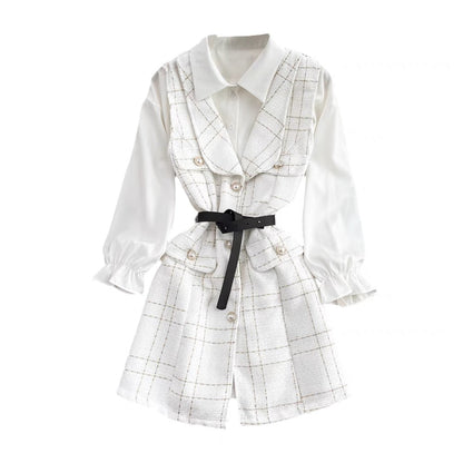 Goddess style lady temperament mid-length single-breasted tweed vest jacket two-piece loose white shirt autumn