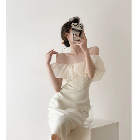 Off-white French one-shoulder dress women's summer high-end tube top collarbone romantic palace style princess dress
