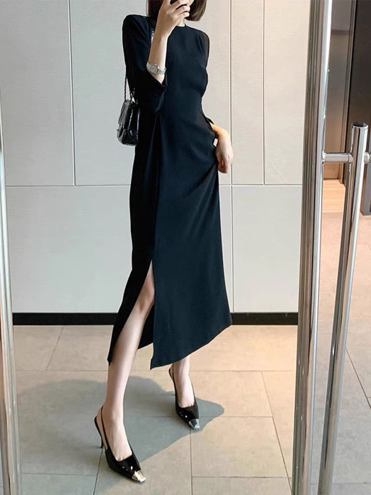 blue dress for baby girl ECB Exclusive: Little Black Ribbed Cutout Slit Long Sleeve Dress, Black XL main image 0