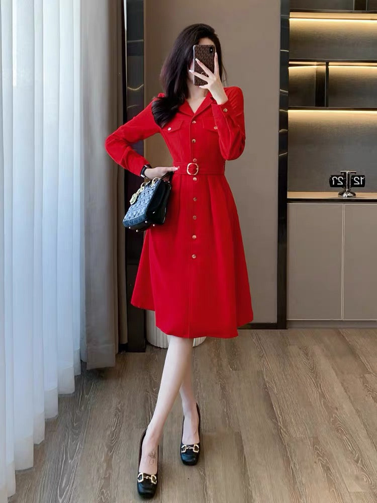 Red small fragrant dress for women autumn 2023 new waist slimming slim mid-length high-end temperament skirt