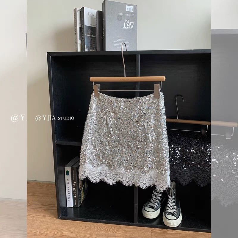 [Nanyou Designer Style] Women's Fashion Print Short-sleeved Chic Sequin Skirt Slimming Two-piece Suit