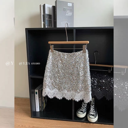 [Nanyou Designer Style] Women's Fashion Print Short-sleeved Chic Sequin Skirt Slimming Two-piece Suit