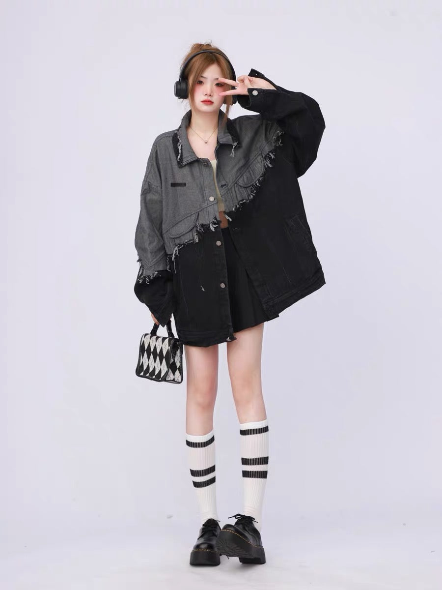 American retro spring and autumn spliced black denim jacket for women with high-end sense 2023 new loose niche design A3351