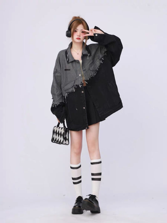 American retro spring and autumn spliced black denim jacket for women with high-end sense 2023 new loose niche design A3351