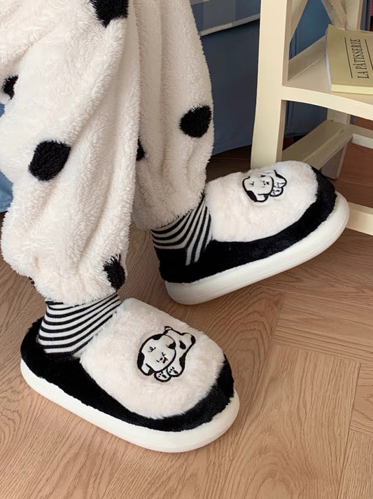 Thin strips Couple's cute black and white ins puppy cotton slippers for men and women in autumn and winter with heel and warm home confinement shoes