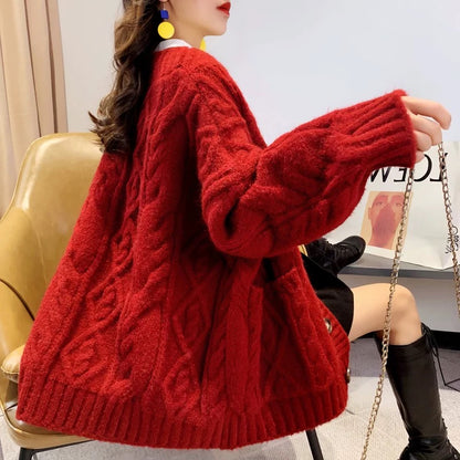Sweater cardigan coat for women autumn and winter 2023 new loose thickened lazy style mid-length red knitted top