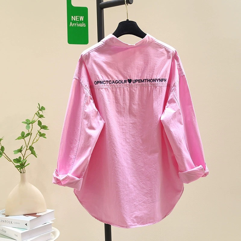 Design sense medium and long rose red shirt female 2024 spring and autumn new Korean version loose casual shirt long-sleeved top